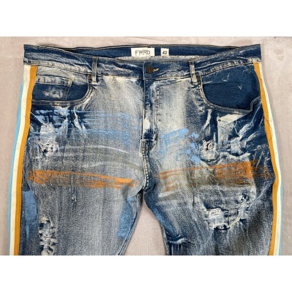 Men's FWRD Trashed Distressed Stacked Denim Jeans-Blue-Size 42 Inseam 32 - Picture 3 of 11